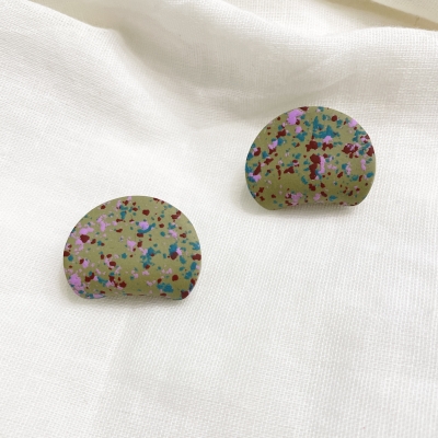 Handmade polymer clay earrings olive green colour and curved circle shape with stainless steel backs