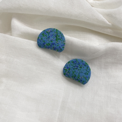 Handmade polymer clay earrings azure terrazzo and curved circle shape stainless steel backs
