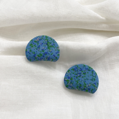 Handmade polymer clay earrings azure terrazzo and curved circle shape stainless steel backs
