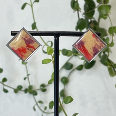 Handcrafted square polymer clay earrings with silver stainless steel frame