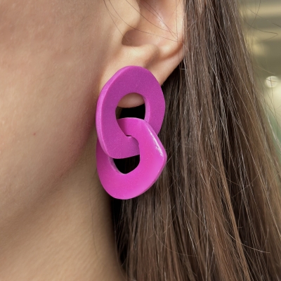 Handmade polymer clay earring two abstract circle bound each other magenta color