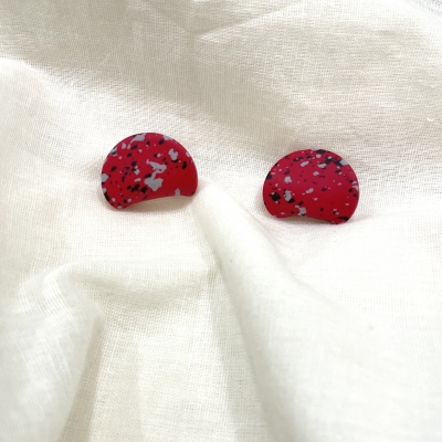 Red with black and grey dots Carved polymer clay earrings 