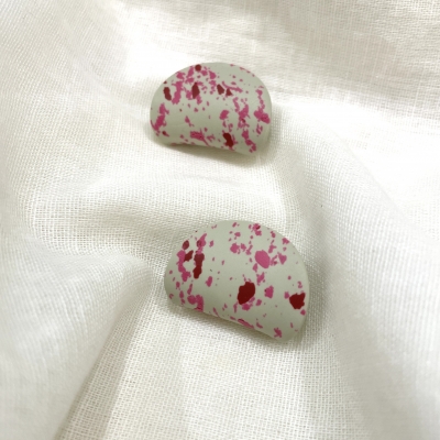 Beige with pink dots Carved polymer clay earrings 