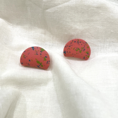 Peach with green and teal dots Carved polymer clay earrings 