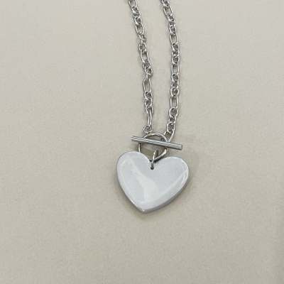 Handmade necklace with stainless steel chain and polymer clay silver color shiny heart motif 