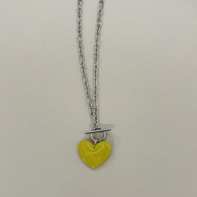 Handmade necklace with stainless steel chain and polymer clay line color shiny heart motif 