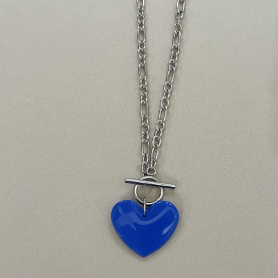 Handmade necklace with stainless steel chain and polymer clay blue shiny heart motif 