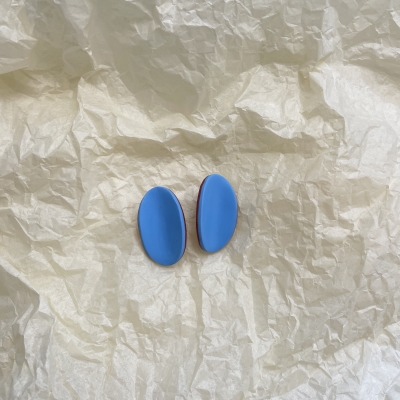 Polymer clay earrings oval shape light blue and deep red colour with stainless steel steel backs