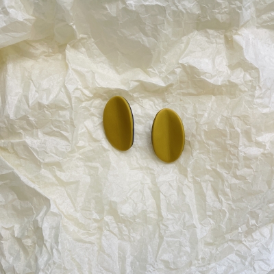 Polymer clay earrings oval shape gold yellow and purple colour with stainless steel steel backs