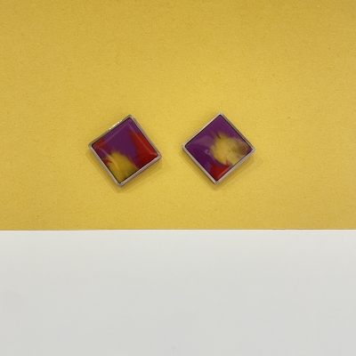 Square shape polymer clay earrings with violet color and silver metallic frame