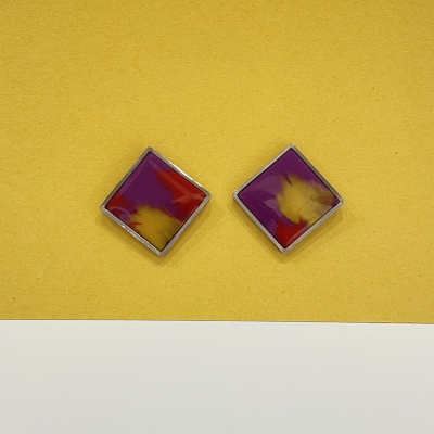 Square shape polymer clay earrings with violet color and metallic silver frame