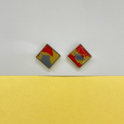 Square shape polymer clay earrings with green yellow color and metallic silver frame