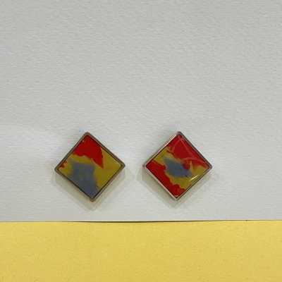 Square shape polymer clay earrings with green yellow color and metallic silver frame