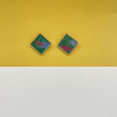 Square shape polymer clay earrings with teal color and metallic silver frame