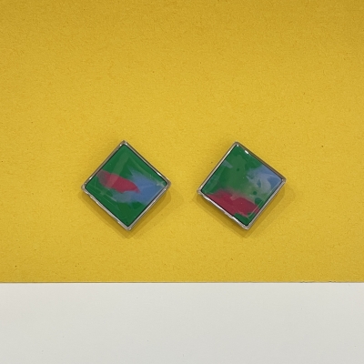 Square shape polymer clay earrings with teal color and metallic silver frame