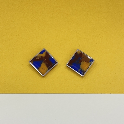 Square shape polymer clay earrings with brown color and metallic silver frame